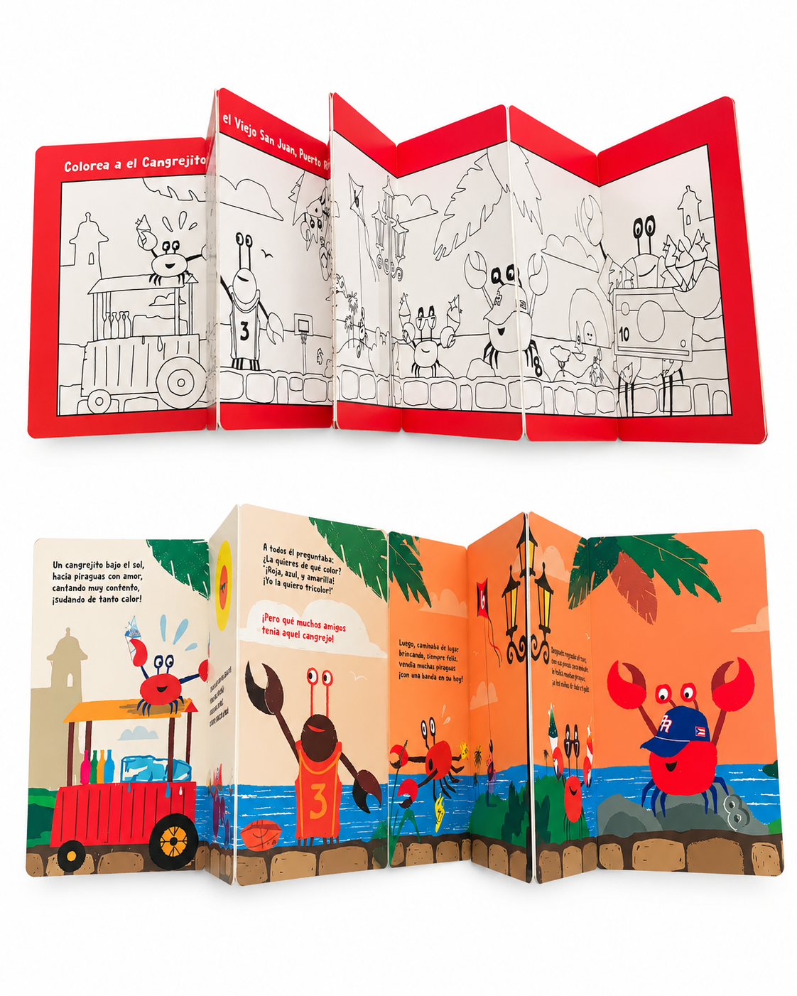 Páginas desplegables de El Cangrejito Piragüero: cuento ilustrado y lado para colorear